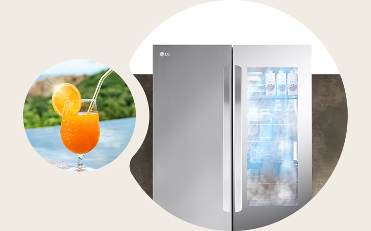 מיץ תפוזים ליד בריכת שחייה בצד שמאל ומקרר עם אוויר קר בצד ימין