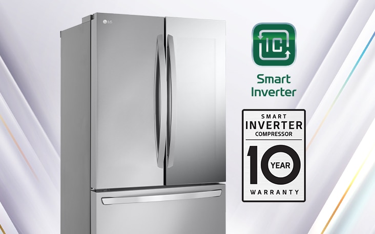 בתמונה מקרר, Smart Inverter וברקע האפרפר לוגו של 10 שנות אחריות