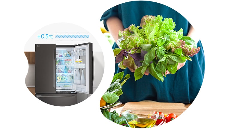 בתמונה משמאל רואים מקרר עם אוויר קר יוצא מהדלת הפתוחה שבפינה הימנית העליונה של המטבח, ובתמונה מימין אישה מחזיקה ירקות