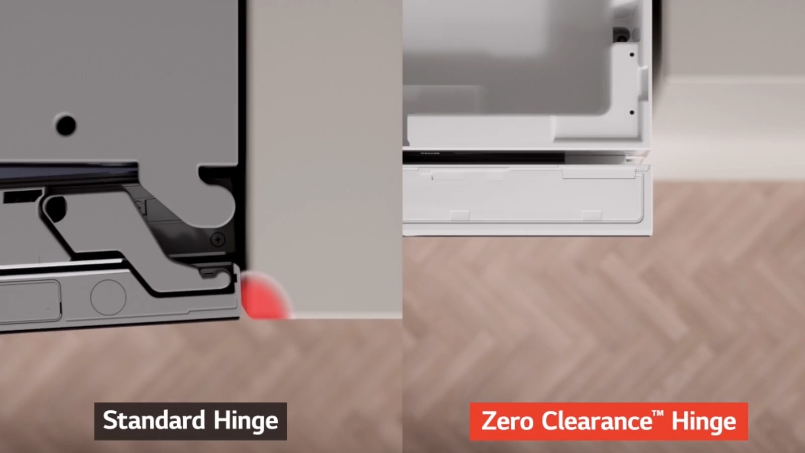 מקרר LG עם עיצוב ייחודי של צירי Zero-Clearance מאפשר התקנה בצמוד לקירות או לארונות, ללא צורך במרווח נוסף.