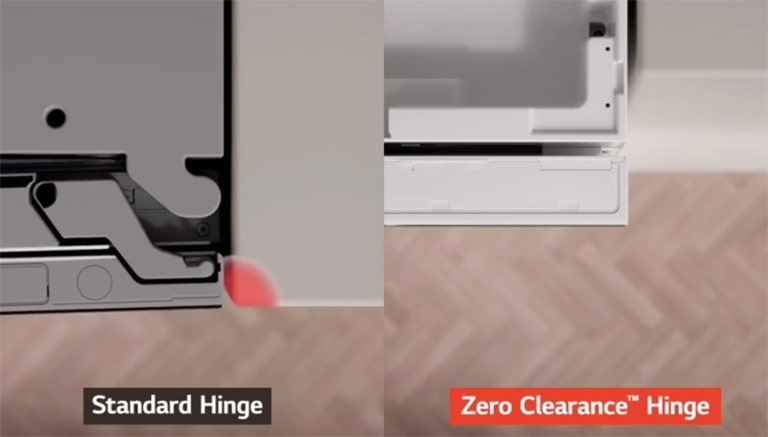 מקרר LG עם עיצוב ייחודי של צירי Zero-Clearance מאפשר התקנה בצמוד לקירות או לארונות, ללא צורך במרווח נוסף.