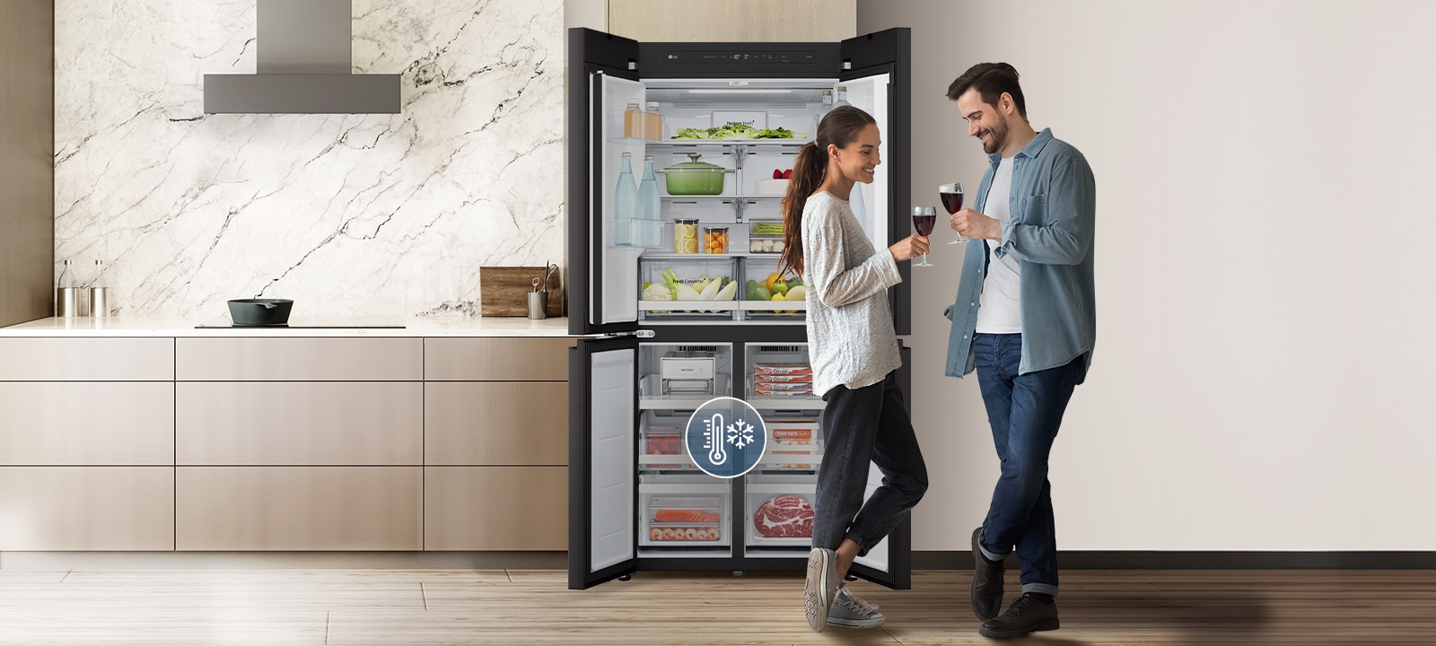 מקרר LG עם טכנולוגיית Smart Learner מייעל את הקירור בהתאם לדפוסי השימוש, לשמירה על טריות המזון.