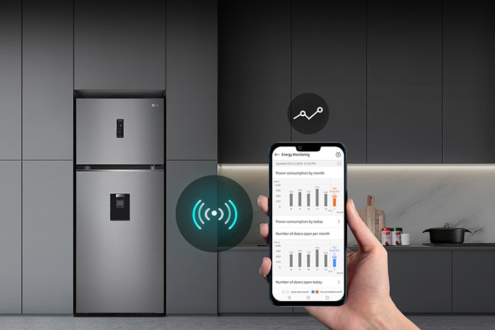 מקפיא עליון של מקרר LG במטבח מודרני, עם צילום מקרוב של מסך טלפון חכם המציג מידע על מצב המקרר. התמונה ממחישה את יכולת המקרר לספק למשתמשים נתונים סטטיסטיים על ביצועים ושימוש באמצעות אפליקציה מחוברת.