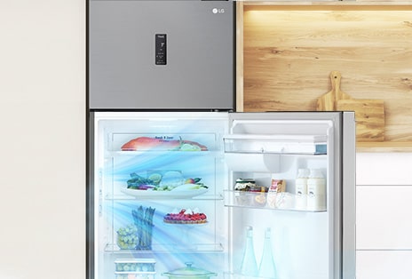 מקרר LG עם מקפיא עליון, משמר את הטמפרטורה הפנימית האופטימלית לשמירה על טריות המזון, גם כאשר הדלת נפתחת בתדירות גבוהה, באמצעות טכנולוגיית Smart Fresh Air.