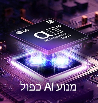 טלוויזיית LG Micro RGB evo AI MRGB95 כוללת את המעבד החדש alpha 11 AI 4K Gen3, הזוהר באור סגול על לוח מעגלים כהה, ומדגיש את Dual AI Engine. 
