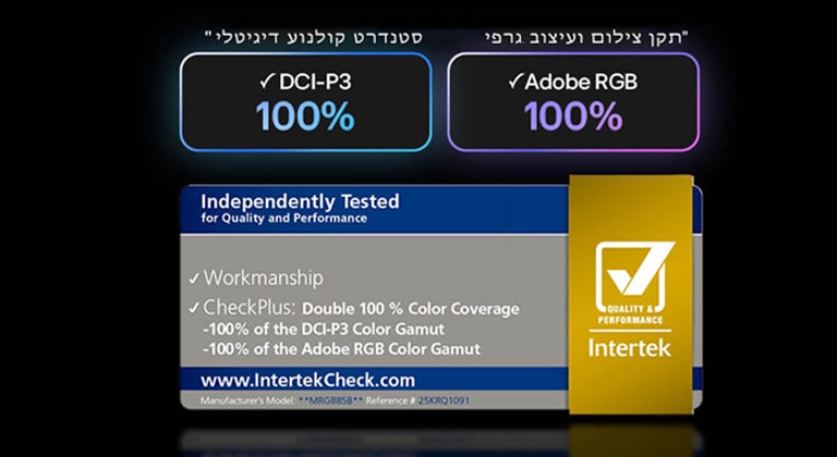 טלוויזיית LG Mini RGB evo AI MRGB85, הכוללת RGB Primary Color Pro, מספקת 100% כיסוי צבע של DCI-P3 ו-Adobe RGB, מאושר ע"י Intertek.