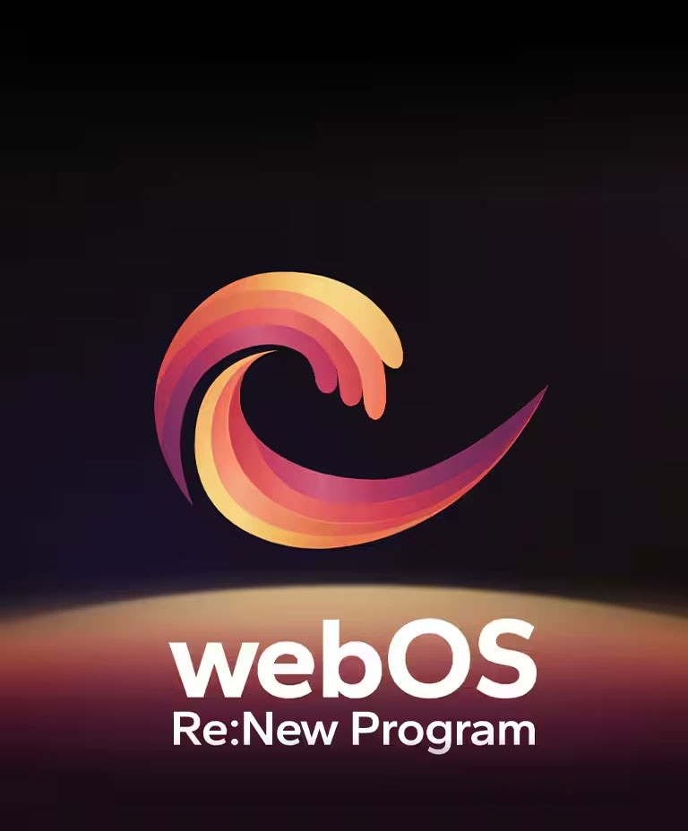 הסמל של webOS Re:New Program על רקע שחור עם כדור בצבעי צהוב, כתום וסגול בתחתית.