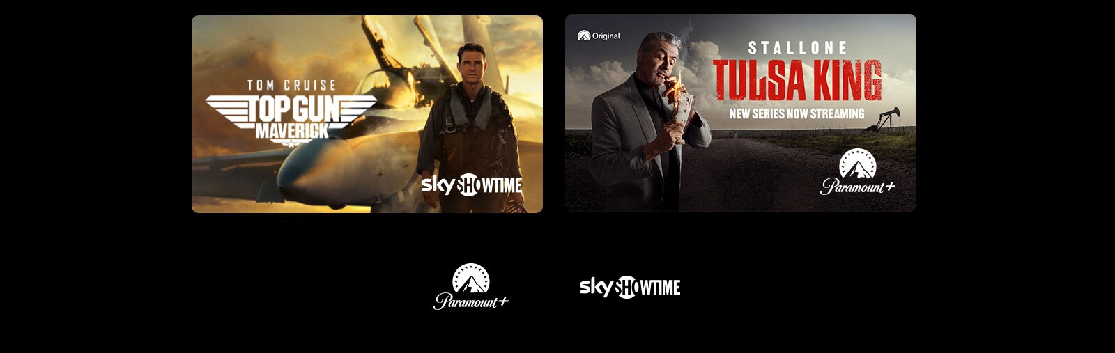 A poster of  Tulsa King from Paramount+ and Top Gun: Maverick from SkyShowtime.
