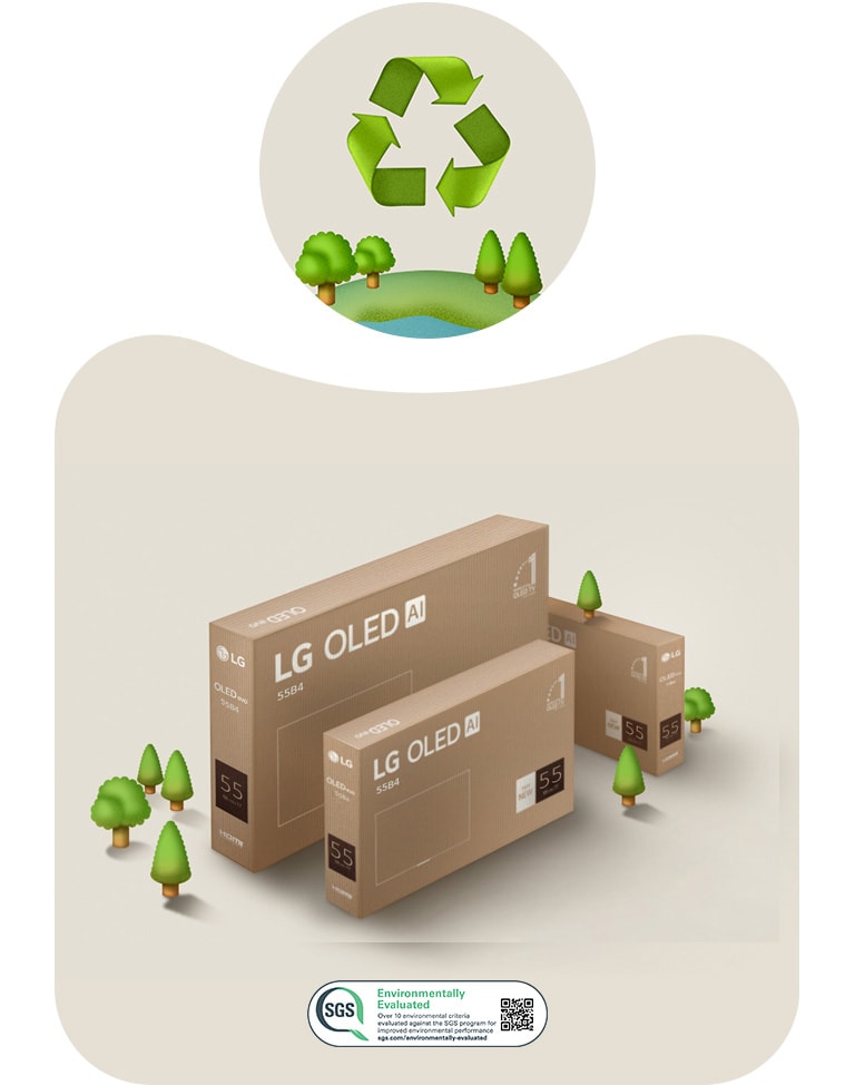 אריזת LG OLED על רקע בצבע בז' עם עצים מצוירים. 