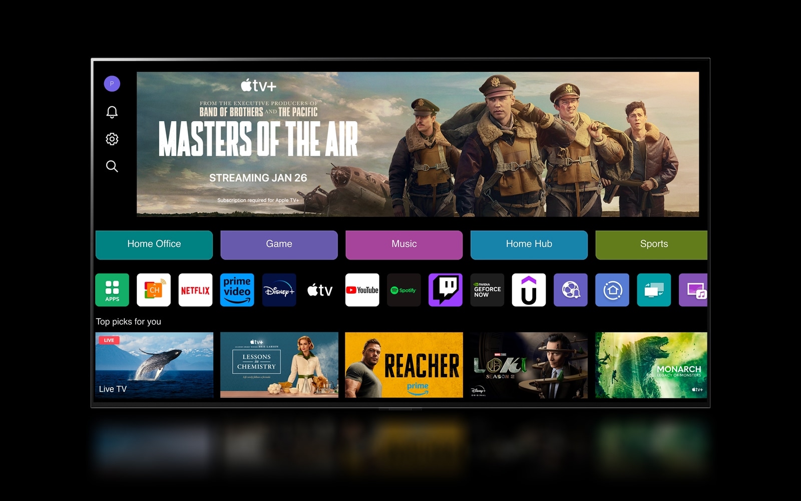 מסך הבית של webOS 24 עם הקטגוריות Home Office, &rlm;Game, &rlm;Music, &rlm;Home Hub ו-Sports. בתחתית המסך מוצגות המלצות אישיות תחת "המלצות בשבילך".