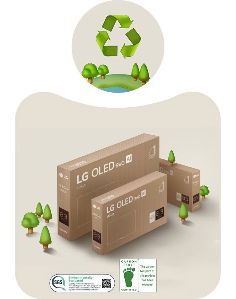 אריזת LG OLED על רקע בצבע בז' עם עצים מצוירים. 