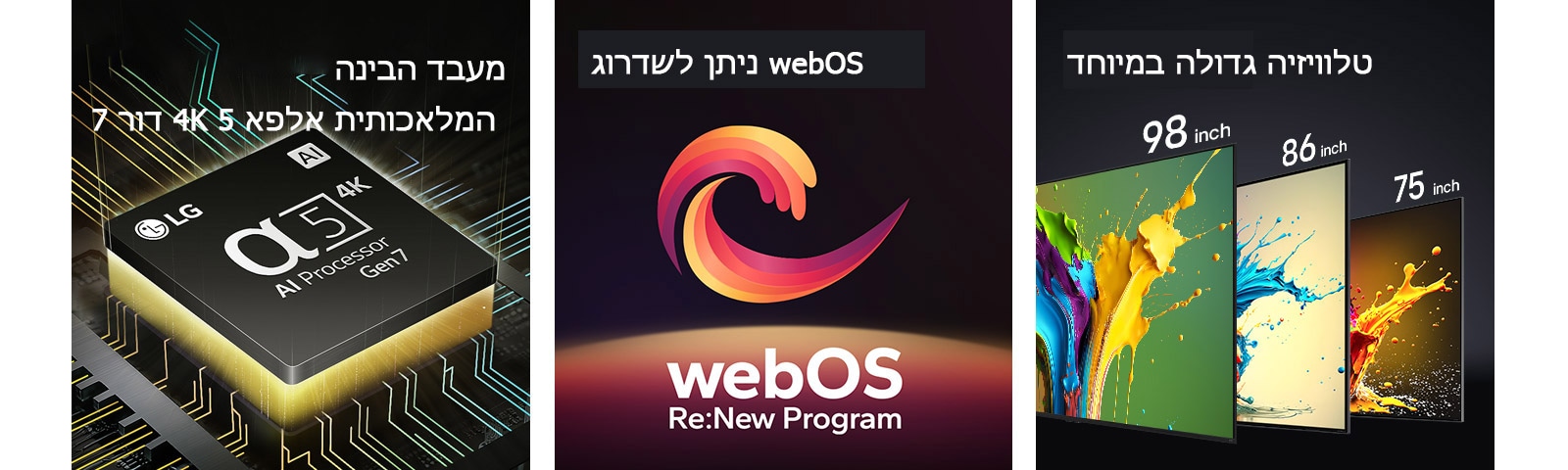 מעבד הבינה המלאכותית אלפא 5 4K דור 7 מוצג עם אור צהוב שבוקע מלמטה. צורת ספירלה אדומה, צהובה וסגולה מוצגת בין המילים "Upgradeable webOS" וכן "webOS Re:New Program". טלוויזיות LG QNED89,‏ QNED90‏ ו-QNED99 מוצגות לפי הסדר משמאל לימין. כל טלוויזיה מציגה התזה צבעונית והמילים "טלוויזיה גדולה במיוחד" מוצגות מעל הטלוויזיות.