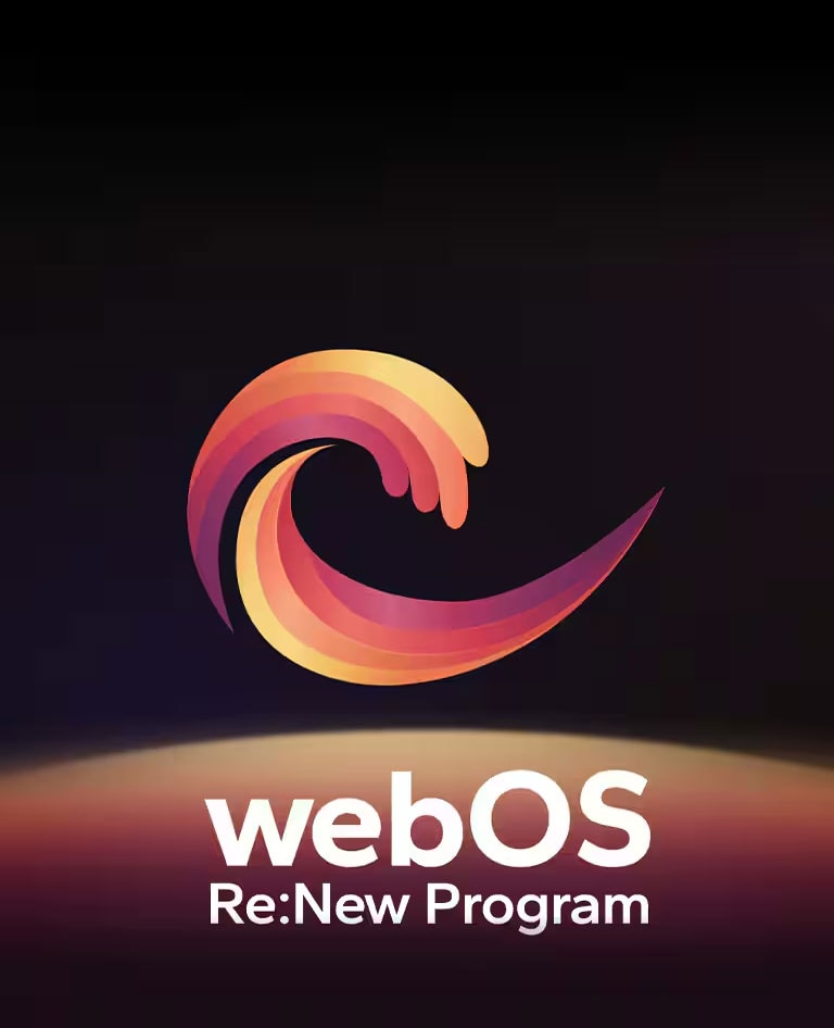 הסמל של webOS Re:New Program על רקע שחור עם כדור בצבעי צהוב כתום וסגול בתחתית.