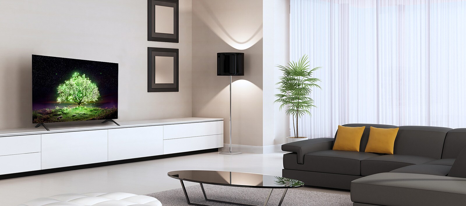 טלוויזיית OLED A1 מוצבת בסלון חושי. בטלוויזיה ניתן לראות תמונה של עץ זוהר בצבע ירוק.