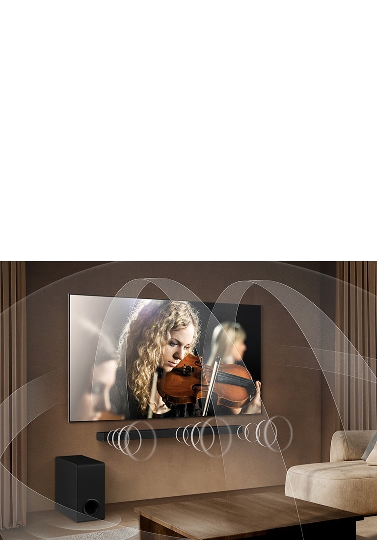 סלון עם LG OLED TV ו-LG Soundbar עם גרפיקה המייצגת את האופן שבו שני המכשירים ממלאים את החלל בסאונד רב היקפי.