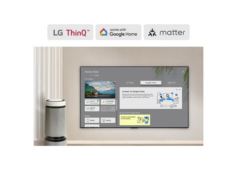 LG TV עם Home Hub על המסך. ממשק המשתמש מציג את Google Home, ThinQ ו-IoT אחר ומראה כיצד תוכלו לנהל בקלות את כל המכשירים החכמים שלכם מהטלוויזיה שלכם.