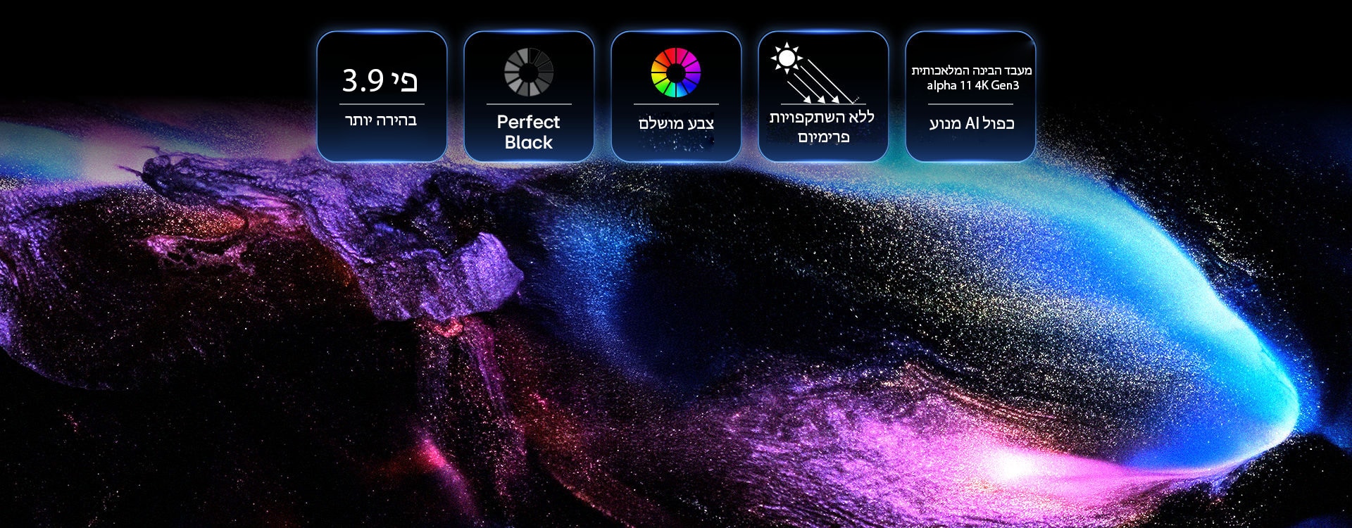 LG OLED evo W6 מציג על המסך סמלים של בהירות שיא בהירה פי 3.9, שחור מושלם וצבע מושלם, Reflection Free Premium ומעבד בינה מלאכותית alpha 11 4K Gen3 מעל פרץ קוסמי של חלקיקים סגולים וכחולים היוצרים צורת לווייתן.
