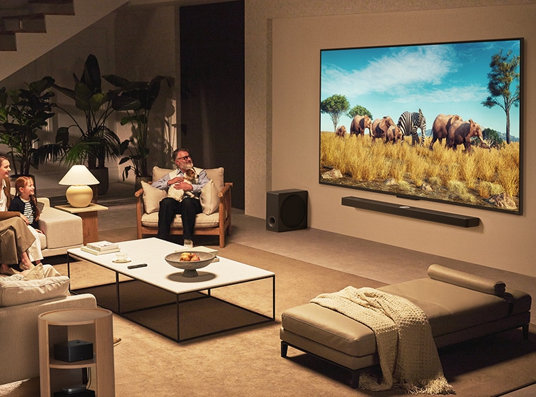 משפחה יושבת על ספה מול טלוויזיית LG QNED TV המותקנת על קיר מעל LG Soundbar בחלל סלון מודרני.  תיבת Zero connect box נמצאת בתוך שולחן קפה.