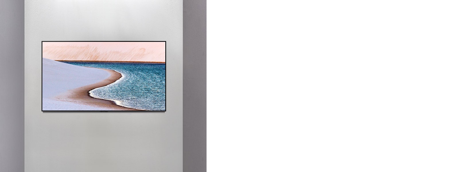 TV on a wall showing an image of the seashore