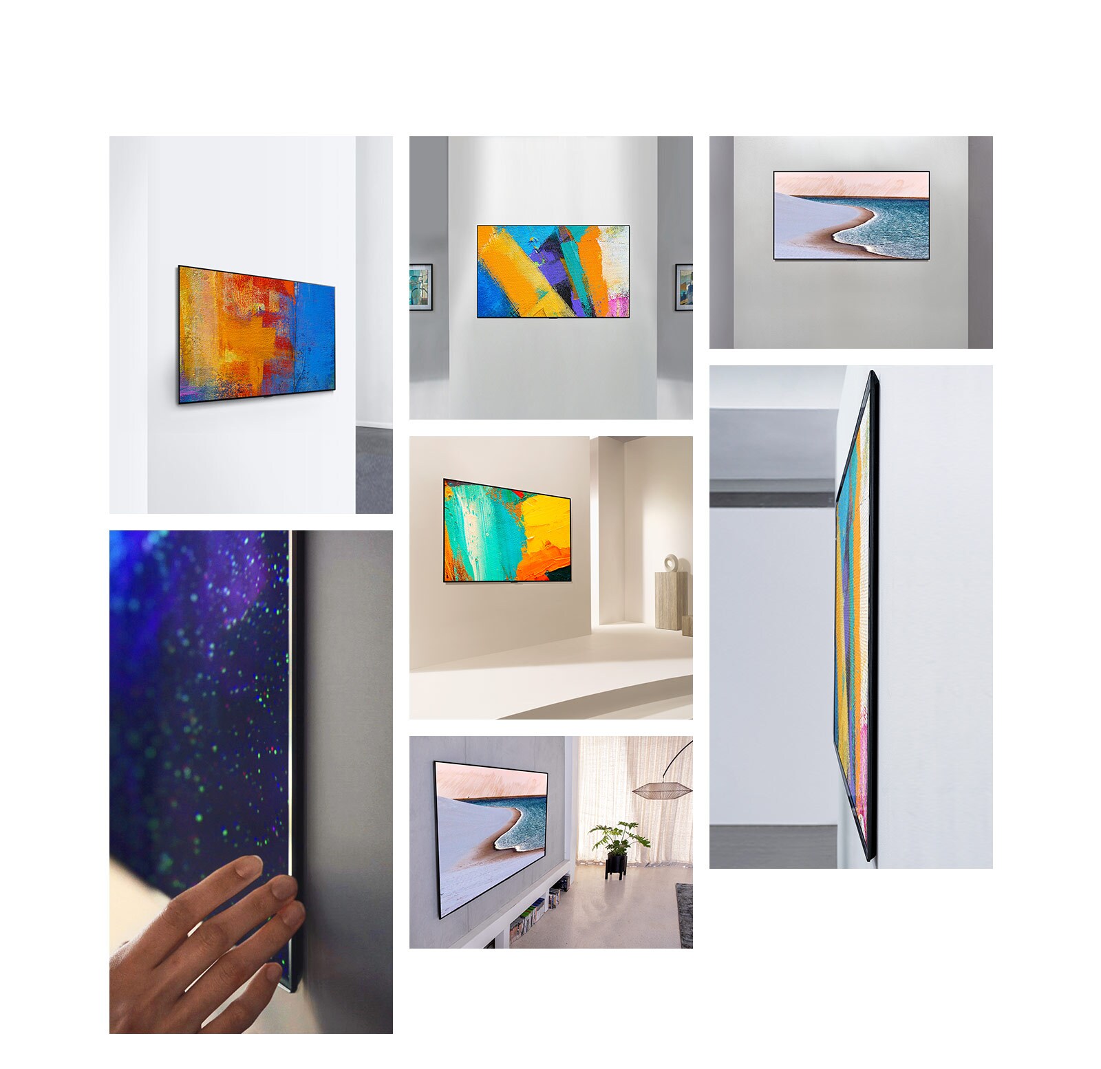 A side view of LG Gallery Design TV that aesthetically pops out from the wall, like an artwork.