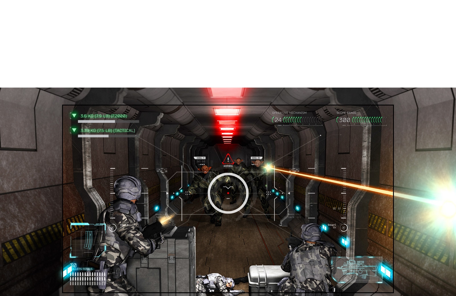 על מסך הטלוויזיה נראית סצנה ממשחק יריות. השחקן נמצא בעמדת נחיתות מול חייזרים עם רובים.