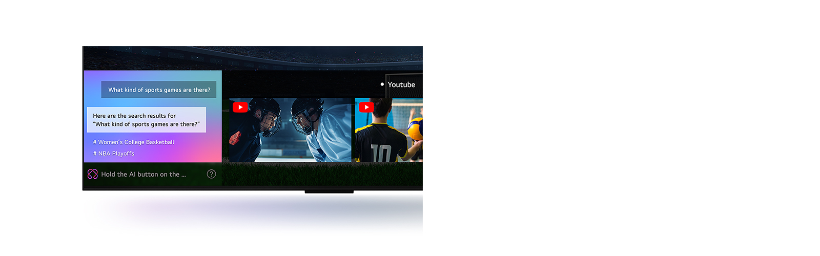 תקריב של טלוויזיית LG המציג כיצד AI Search פועל. חלון צ'אט קטן פתוח המראה כיצד המשתמש שאל אילו משחקי ספורט זמינים. AI Search הגיב באמצעות צ'אט ועל ידי הצגת תמונות ממוזערות של תוכן זמין.