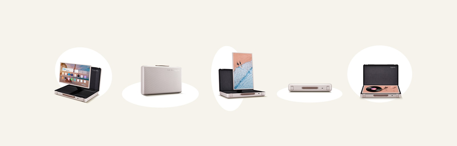 סרטון GIF להצגת המוצר. חמש תמונות מופיעות לפי הסדר; משמאל: מבט אלכסוני על LG StanbyME Go כשמסך הבית במצב אופקי, תמונה של המוצר מקופל למצב נשיאה כמו תיק, המסך במצב אנכי עם תמונת רקע של חוף גלישה, מבט קדמי על המוצר במצב מקופל להצגת רצועה ומצב השולחן של LG StanbyME Go כשעטיפת הפטיפון מופעלת.