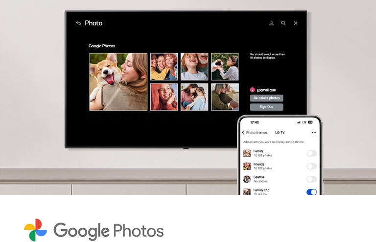 חברו בקלות את חשבון Google Photos שלכם לטלוויזיה פשוט באמצעות הטלפון. התאימו אישית את המרחב שלכם בקלות באמצעות תוכן מספריית התמונות שלכם.