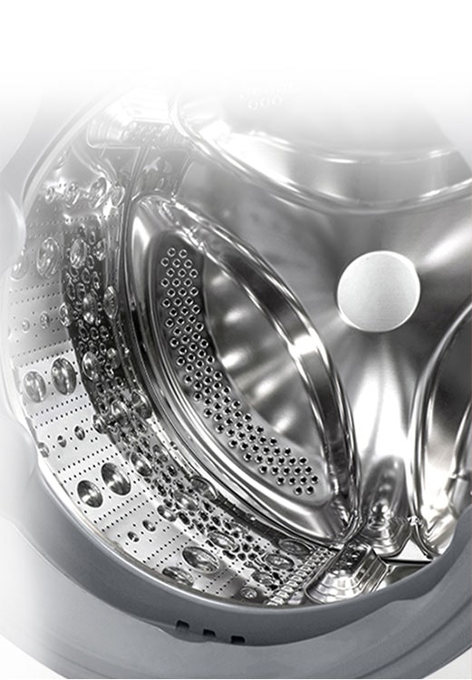 תמונה פנימית של מכונת הכביסה, שבה ניתן לראות מרים עשוי פלדת אל חלד.