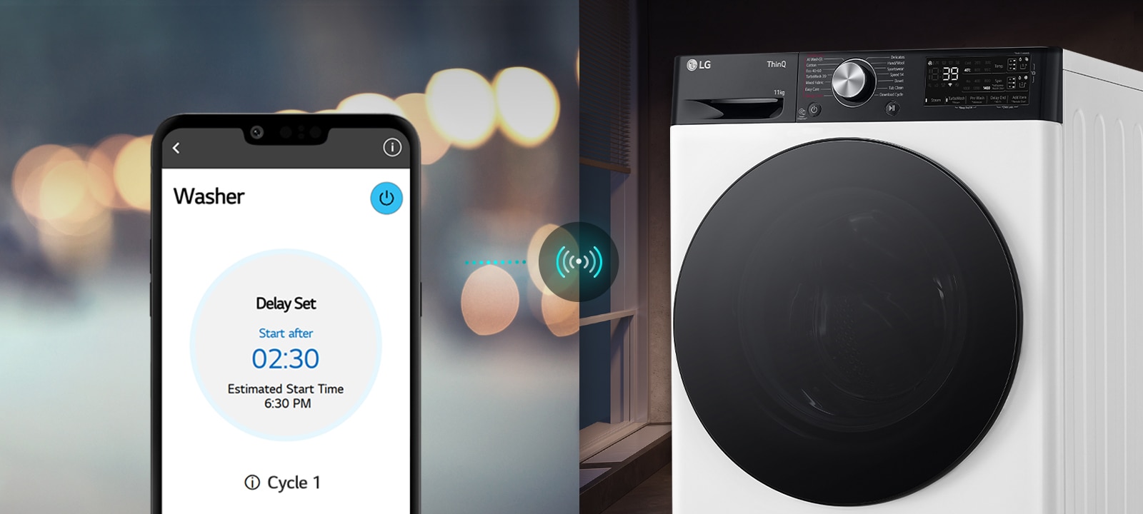 תמונה בצד שמאל מציגה גבר שמסתכל למטה על הטלפון שלו. התמונה בצד ימין מציגה את מכונת הכביסה בבית עם אור ירוק על הצג. במרכז שתי התמונות מופיעה תמונת מסך של טלפון המראה את מכונת הכביסה באפליקציית LG ThinQ עם אייקון קישוריות.