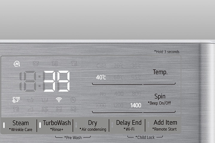 זוהי תמונה מוגדלת של לוח מכונת הכביסה כך שניתן לראות בבירור את התצוגה.