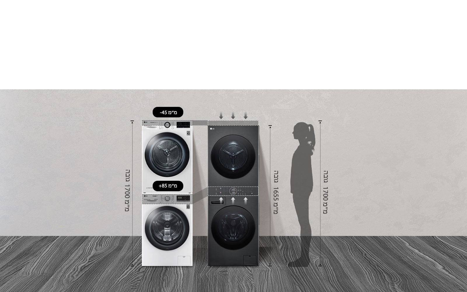 מגדל הכביסה ממוקם לצד מכונת כביסה שעליה מונח מייבש כביסה ומודגש שהוא נמוך יותר ב-45 מ“מ ושלוח הבקרה גבוה יותר ב-85 מ“מ.