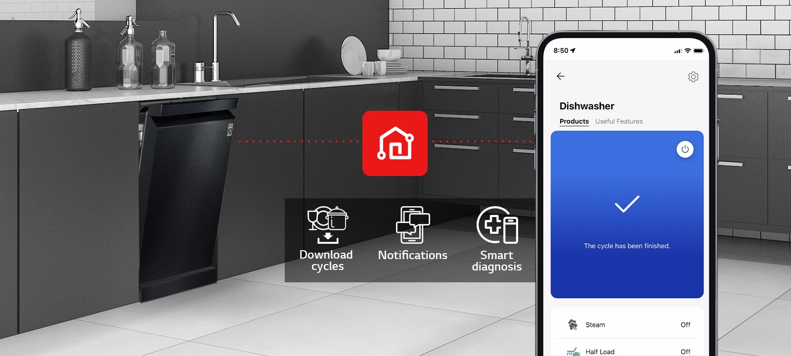 מבט כללי על מטבח מודרני עם מדיח כלים רצפתי של LG, המציג כיצד אפליקציית LG ThinQ פועלת עם שלוש תכונות: הורדת מחזורים, התראה ואבחון חכם.