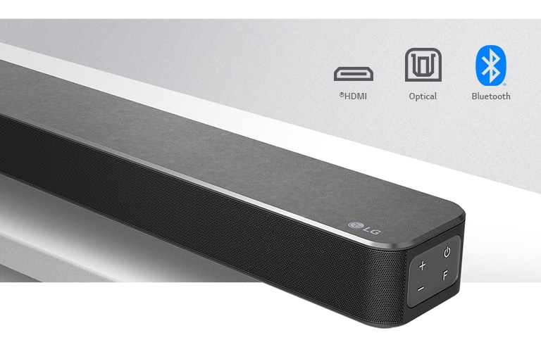 תקריב של הצד הימני של סאונד-בר מבית LG והלוגו של LG בפינה התחתונה הימנית. סמלי קישוריות מוצגים מעל למוצר.