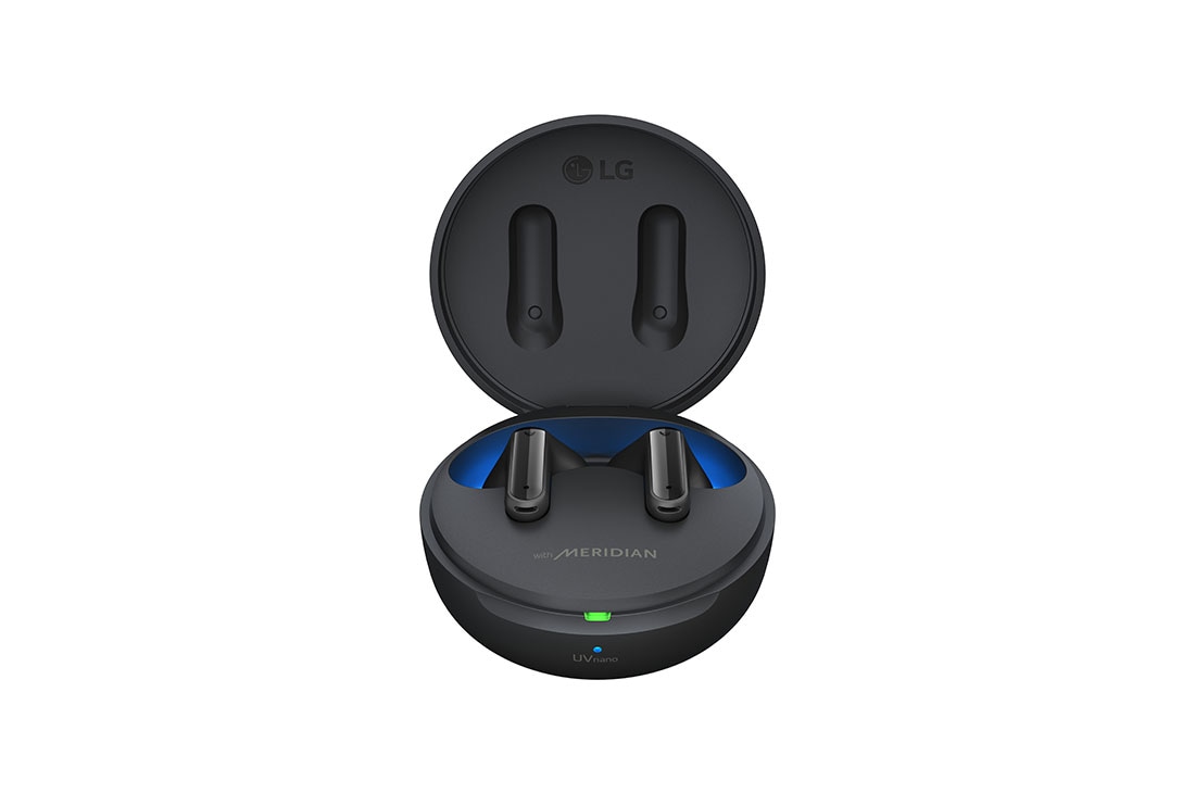 LG TONE Free FP8 - אוזניות UVnano עם True Wireless Bluetooth ועם פונקציית ביטול רעשים פעיל משופר, מבט קדמי של נרתיק שנפתח ושל אוזניות מרחפות., TONE-FP8, thumbnail 2