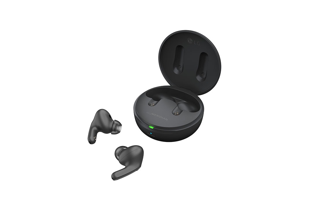 LG TONE Free FP8 - אוזניות UVnano עם True Wireless Bluetooth ועם פונקציית ביטול רעשים פעיל משופר, הנרתיק פתוח בזווית צדדית של 15 מעלות, ושתי האוזניות מונחות מולו., TONE-FP8, thumbnail 14