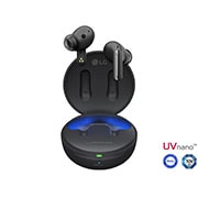 LG TONE Free FP8 - אוזניות UVnano עם True Wireless Bluetooth ועם פונקציית ביטול רעשים פעיל משופר, תמונה של אוזניות מרחפות מעל נרתיק פתוח., TONE-FP8, thumbnail 1