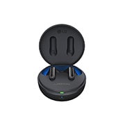 LG TONE Free FP8 - אוזניות UVnano עם True Wireless Bluetooth ועם פונקציית ביטול רעשים פעיל משופר, מבט קדמי של נרתיק שנפתח ושל אוזניות מרחפות., TONE-FP8, thumbnail 2