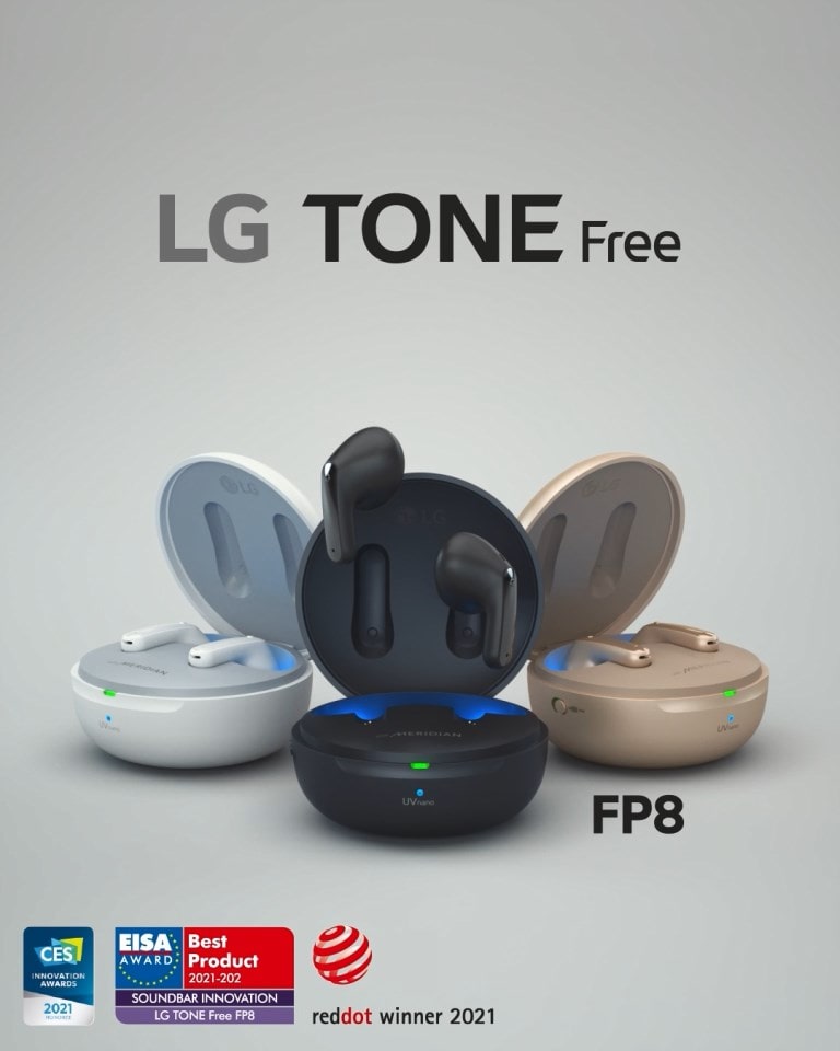 סרטון המציג אוזניות מרחפות באוויר כשנרתיקי ה-LG TONE Free בצבע שחור, זהב ולבן פתוחים והכיתוב ‚סדרת LG TONE Free FP‘ מופיע.