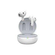 LG TONE Free FP5 - אוזניות עם True Wireless Bluetooth ועם פונקציית ביטול רעשים פעיל משופר, מבט קדמי של נרתיק שנפתח ושל אוזניות מרחפות., TONE-FP5W, thumbnail 2