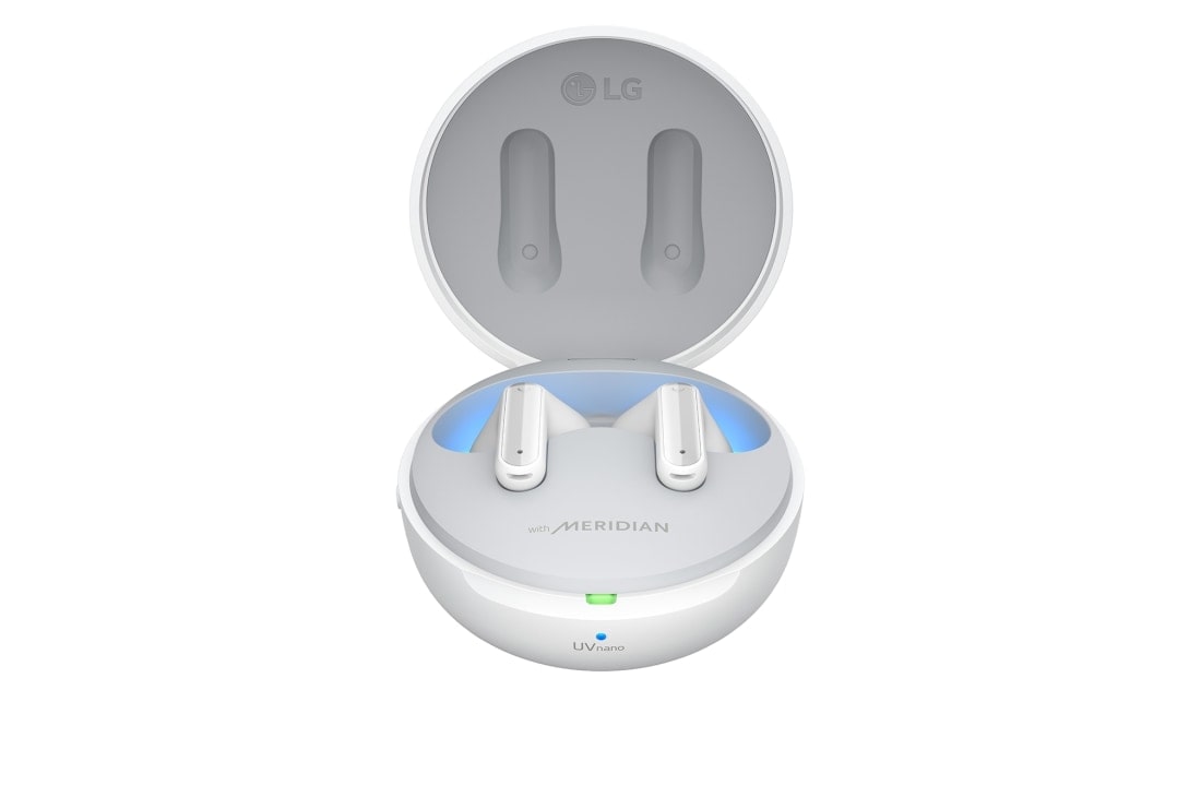 LG TONE Free FP9 - אוזניות UVnano עם True Wireless Bluetooth ועם פונקציית Plug and Wireless, מבט עליון של נרתיק פתוח כאשר תאורת המצב פועלת., TONE-FP9W, thumbnail 3