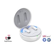 LG TONE Free FP9 - אוזניות UVnano עם True Wireless Bluetooth ועם פונקציית Plug and Wireless, נרתיק פתוח מוצג בזווית של 15 מעלות כשנורת המצב פועלת וסמלי הלוגו UVnano ו-Plug&Wireless מוצגים, TONE-FP9W, thumbnail 1