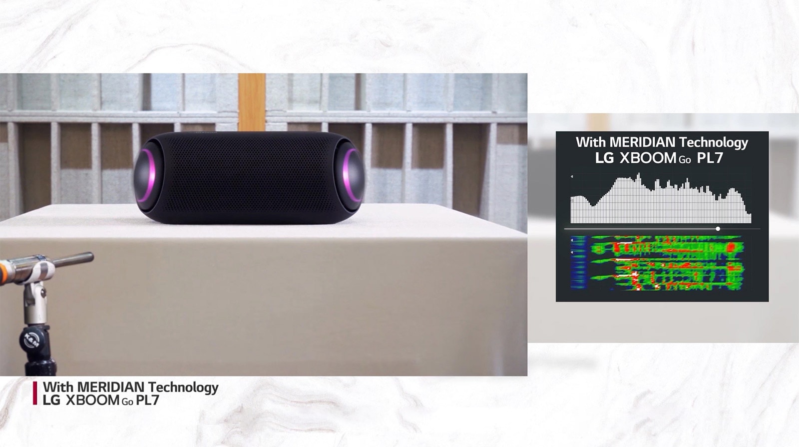השוו את הצליל המאוזן והברור של LG XBOOM Go עם הטכנולוגיה של MERIDIAN לבין מוצרים אחרים ללא הטכנולוגיה של MERIDIAN.