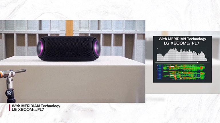 השוו את הצליל המאוזן והברור של LG XBOOM Go עם הטכנולוגיה של MERIDIAN לבין מוצרים אחרים ללא הטכנולוגיה של MERIDIAN.