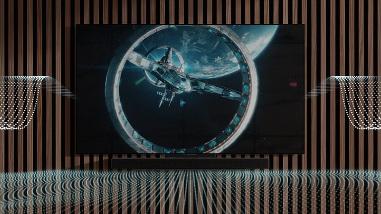 גלי צליל כחולים משתחררים בצורה מגוונת ממקרן הקול ומהטלוויזיה.