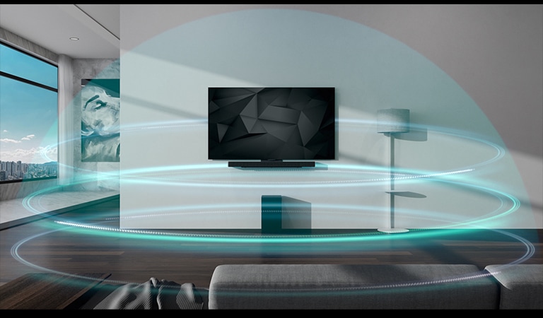 3 גלי צליל כחולים בצורת כיפה המייצגים את שכבות הצליל מכסים את מקרן הקול ואת הטלוויזיה התלויים על הקיר בסלון.