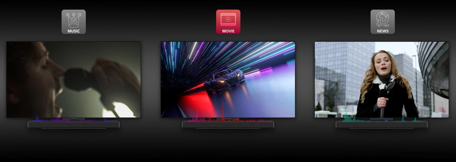 סרטון מצויר המדגים את ה-AI Sound Pro של מקרן הקול. ראשית, מוצג סרטון של מרוץ מכוניות במגוון תאורות צבעוניות וגלי צליל אדומים מוצגים מטה במרכז. לאחר מכן, הסצנה משתנה לזמר שאוחז במיקרופון מול פיו על רקע ירוק כהה וגלי הצליל המוצגים מטה מדמים את מצב המוזיקה ומתחלפים מכחול לסגול. ולסיום, מנחה אוחזת במיקרופון מול בניינים וגלי הצליל מוצגים מטה בצבע ירוק.