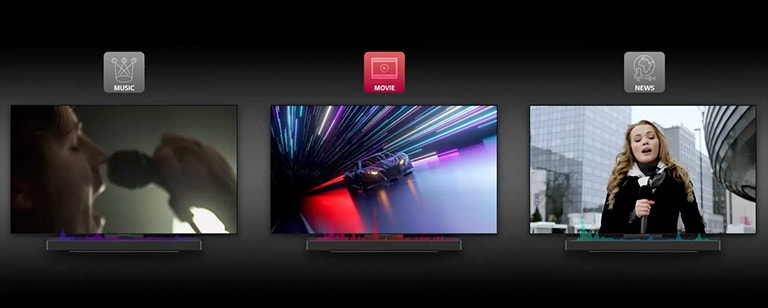 סרטון מצויר המדגים את ה-AI Sound Pro של מקרן הקול. ראשית, מוצג סרטון של מרוץ מכוניות במגוון תאורות צבעוניות וגלי צליל אדומים מוצגים מטה במרכז. לאחר מכן, הסצנה משתנה לזמר שאוחז במיקרופון מול פיו על רקע ירוק כהה וגלי הצליל המוצגים מטה מדמים את מצב המוזיקה ומתחלפים מכחול לסגול. ולסיום, מנחה אוחזת במיקרופון מול בניינים וגלי הצליל מוצגים מטה בצבע ירוק.