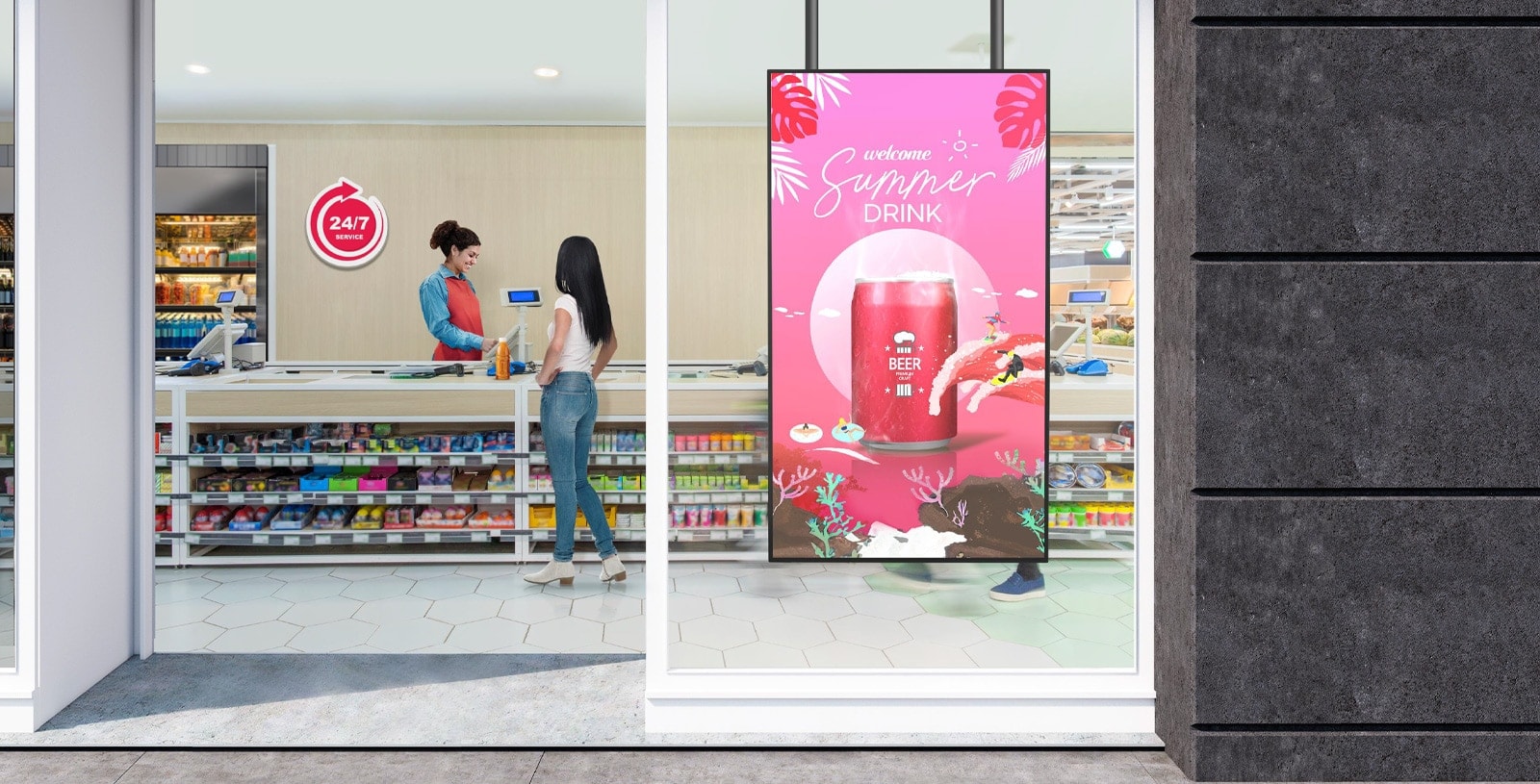 מסך LED גדול להתקנה על חלון ראווה, בצד הפנימי של החנות, עליו מוצגות פרסומות בצורה מרהיבה ובהירה מבעד הזכוכית.