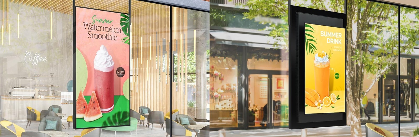 מסגרת XS4P אלגנטית מותקנת על החלון בתוך בית הקפה, והצד האחורי של ה-XS4P, עם תצוגת LED נוספת, מציג תוכן, תוך שימוש יעיל בשני הצדדים.